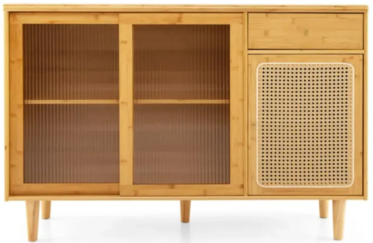 Hivvago Modern Bamboo Buffet Sideboard Cabinet with Tempered Glass Sliding Doors-Natural