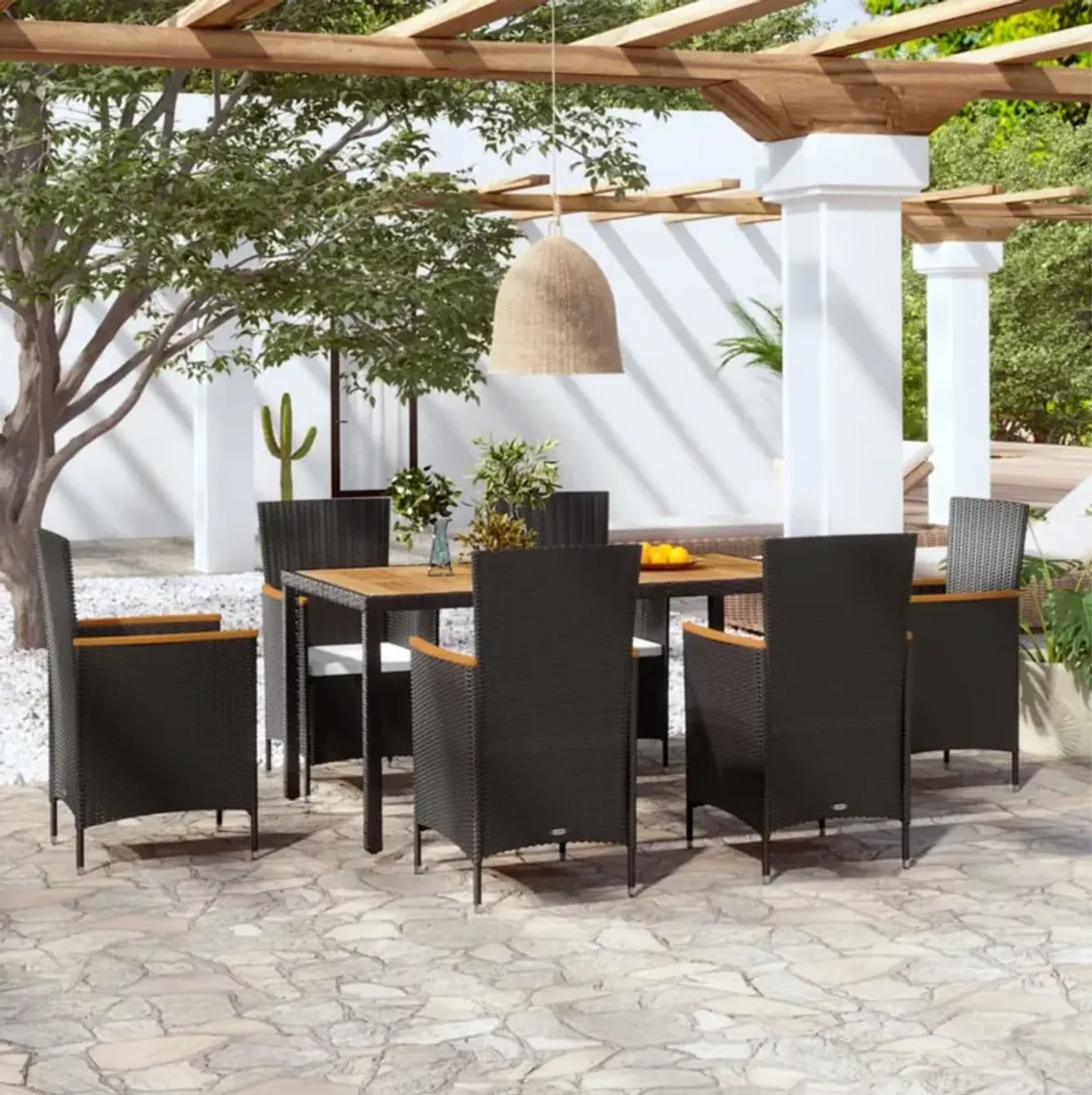 vidaXL 7 Piece Outdoor Dining Set with Cushions Poly Rattan