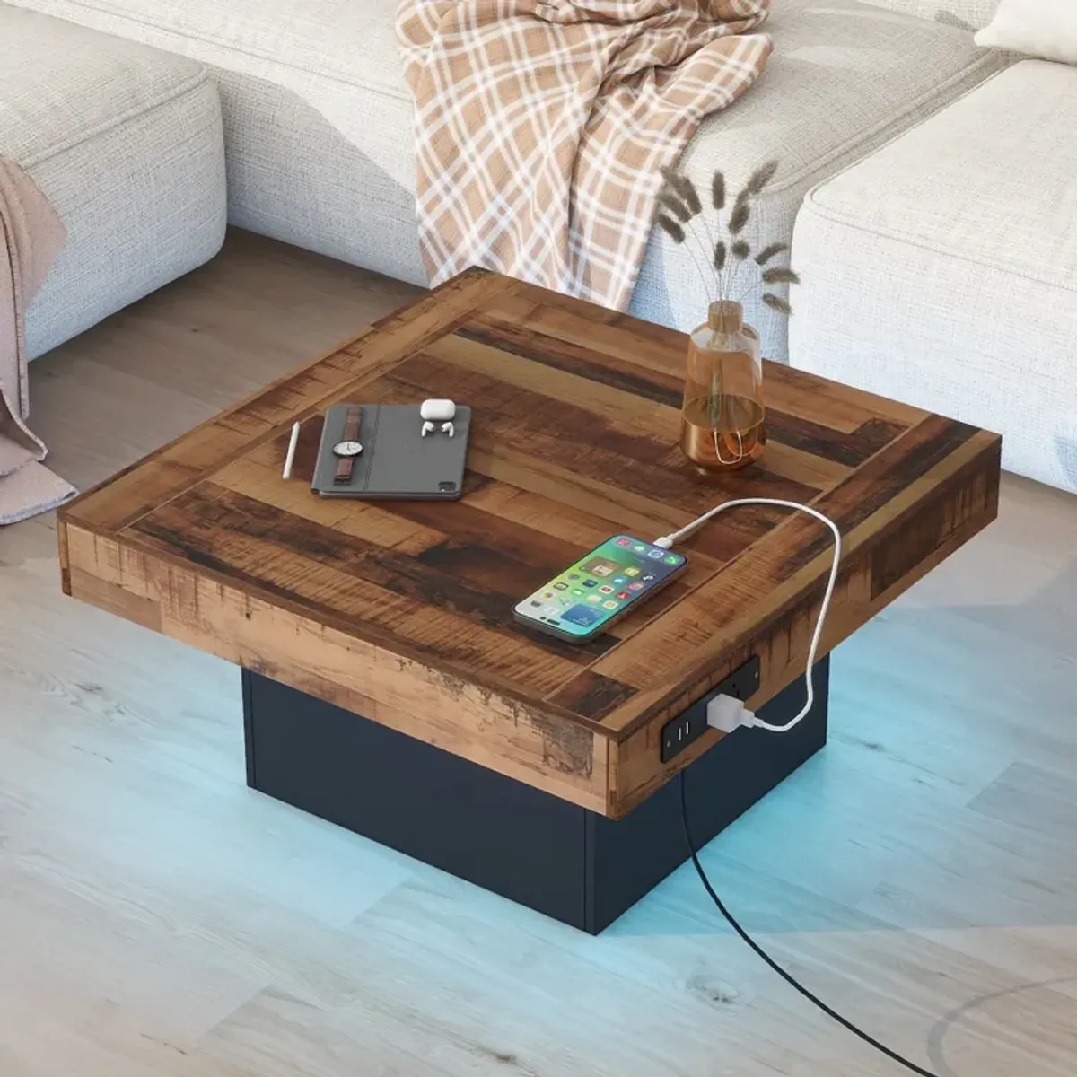 Merax Farmhouse Coffee Table with 2 USB Ports and LED Light