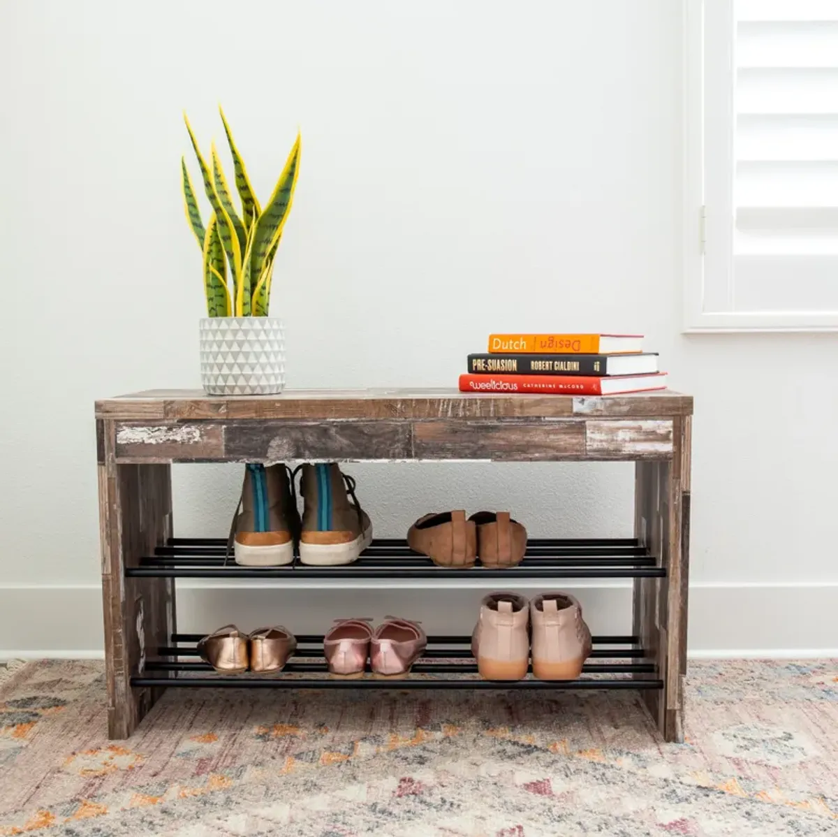 Industrial Decorative Shoe Bench in Distressed Wood Finish with Two Metal Storage Racks