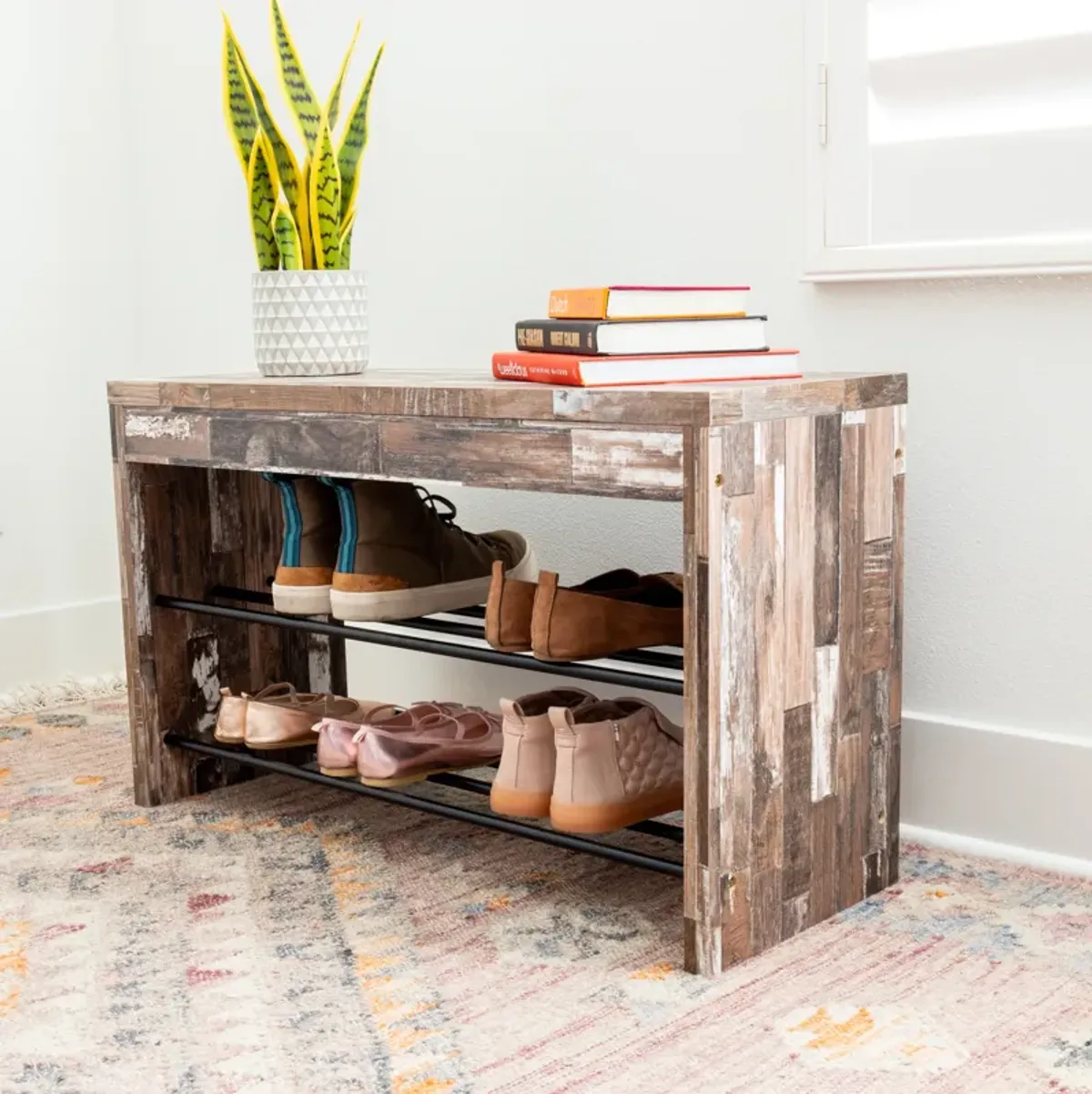 Industrial Decorative Shoe Bench in Distressed Wood Finish with Two Metal Storage Racks