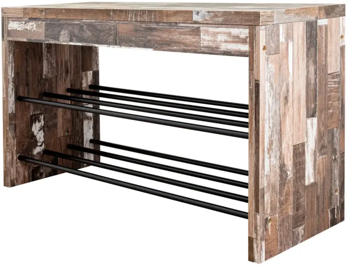 Industrial Decorative Shoe Bench in Distressed Wood Finish with Two Metal Storage Racks