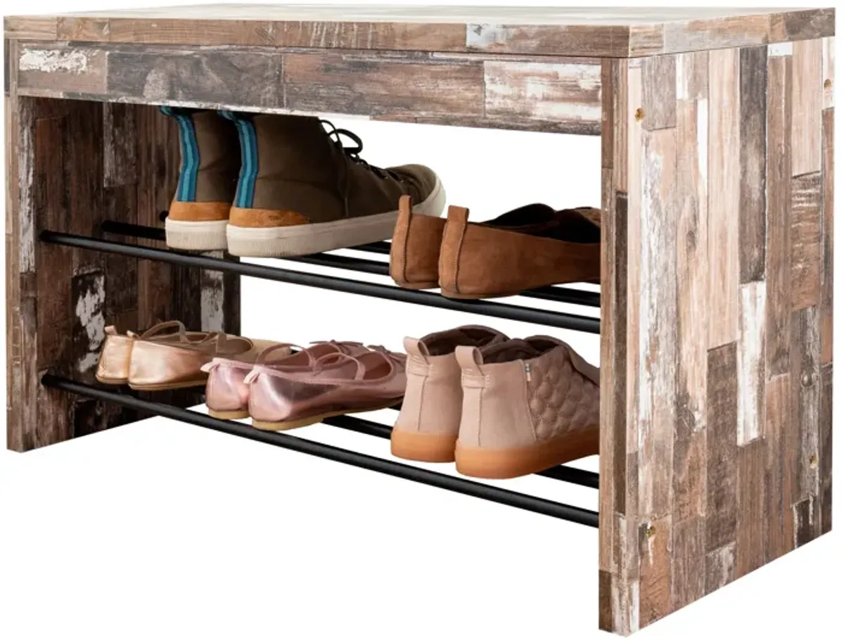 Industrial Decorative Shoe Bench in Distressed Wood Finish with Two Metal Storage Racks