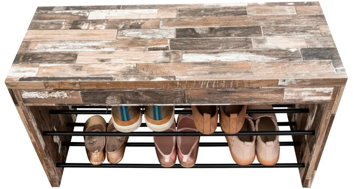 Industrial Decorative Shoe Bench in Distressed Wood Finish with Two Metal Storage Racks