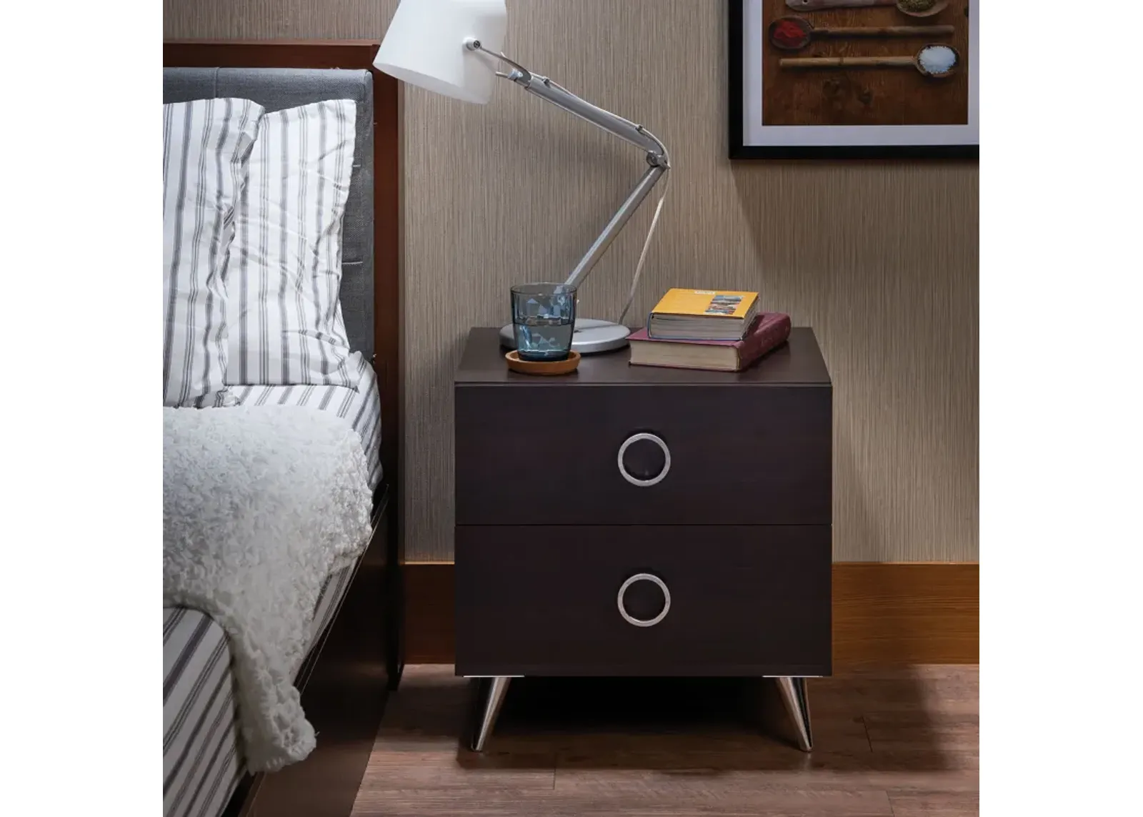 Acme Elms Wooden 2-Drawer Nightstand with Ring Pull Handles in Espresso