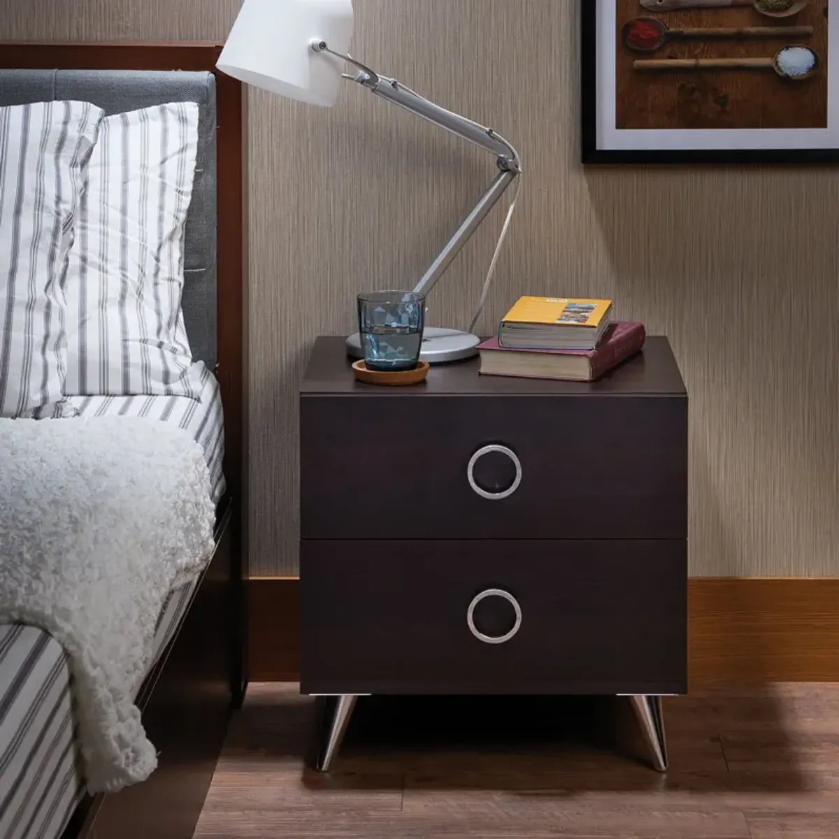 Acme Elms Wooden 2-Drawer Nightstand with Ring Pull Handles in Espresso