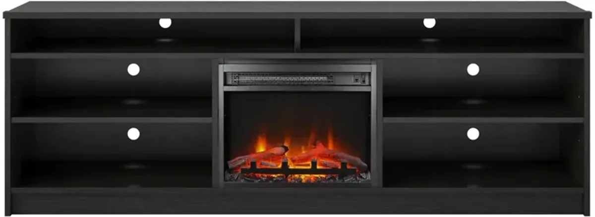 REALROOMS Hickory Hill 75" TV Stand with Electric Fireplace Space Heater and 6 Shelves