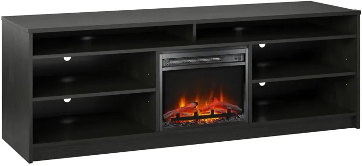 REALROOMS Hickory Hill 75" TV Stand with Electric Fireplace Space Heater and 6 Shelves