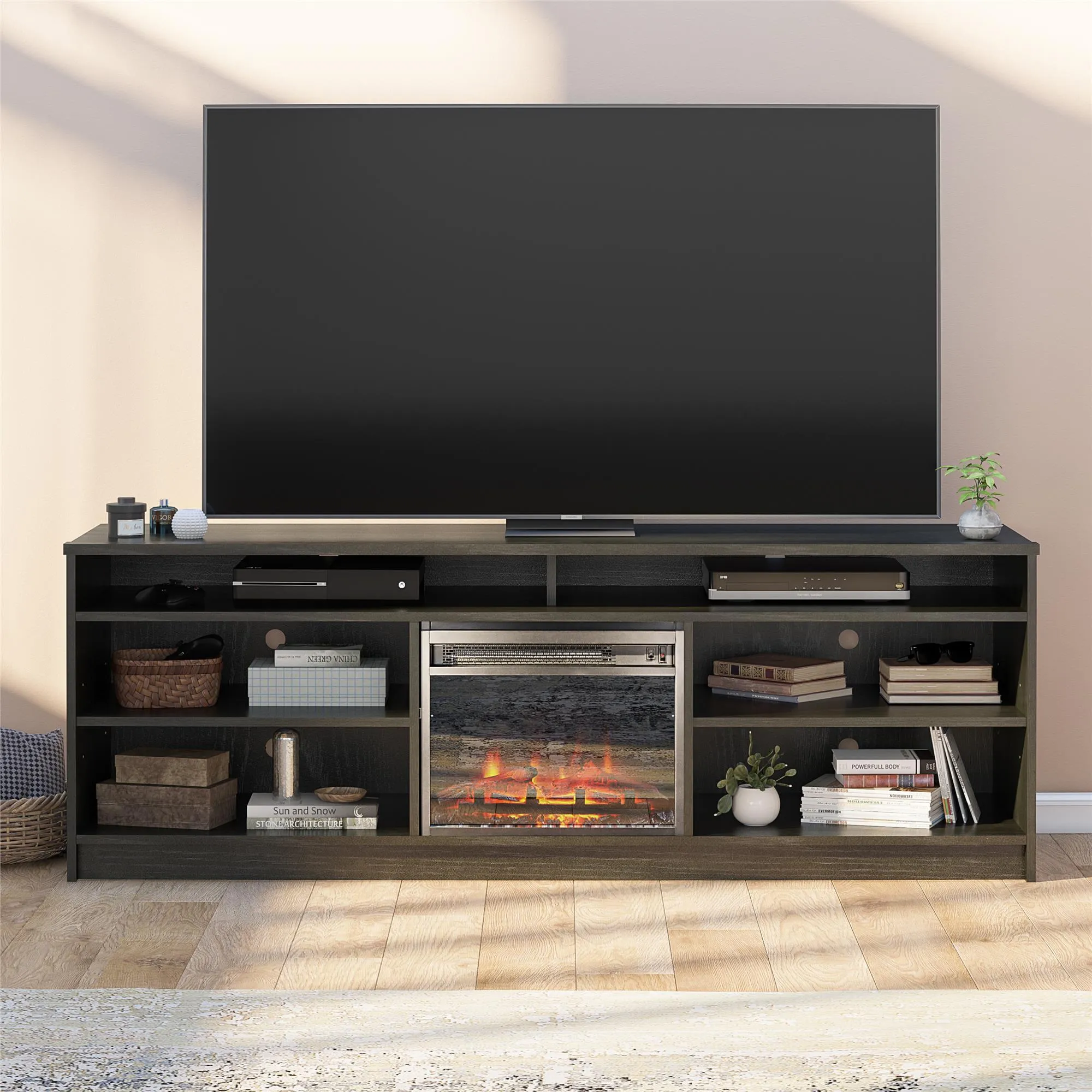 Hickory Hill 75" TV Stand with Electric Fireplace Space Heater and 6 Shelves