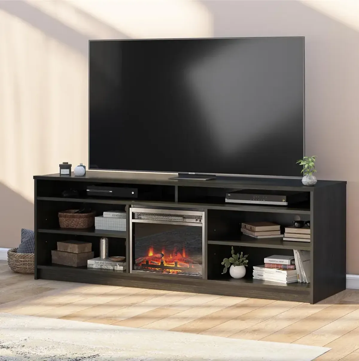 REALROOMS Hickory Hill 75" TV Stand with Electric Fireplace Space Heater and 6 Shelves