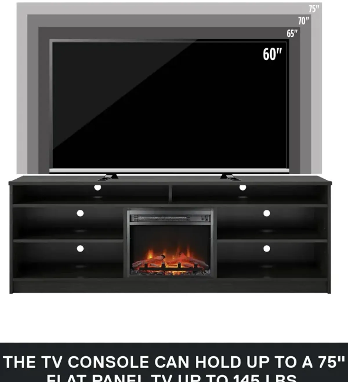 REALROOMS Hickory Hill 75" TV Stand with Electric Fireplace Space Heater and 6 Shelves