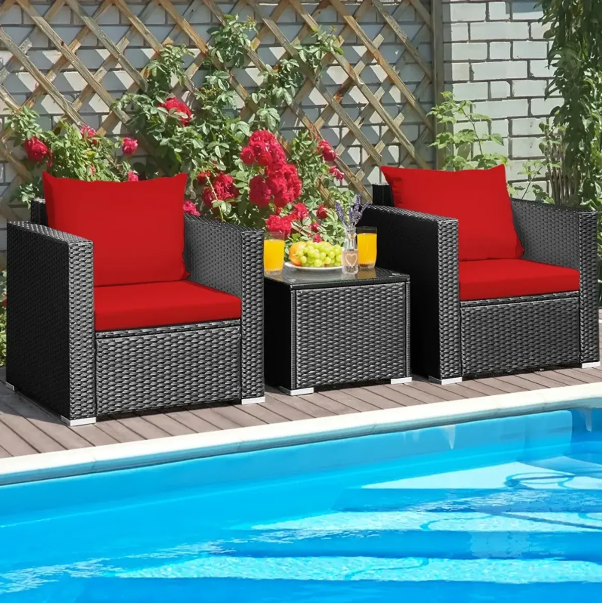 3 Pieces Patio Wicker Conversation Set with Cushion-Red