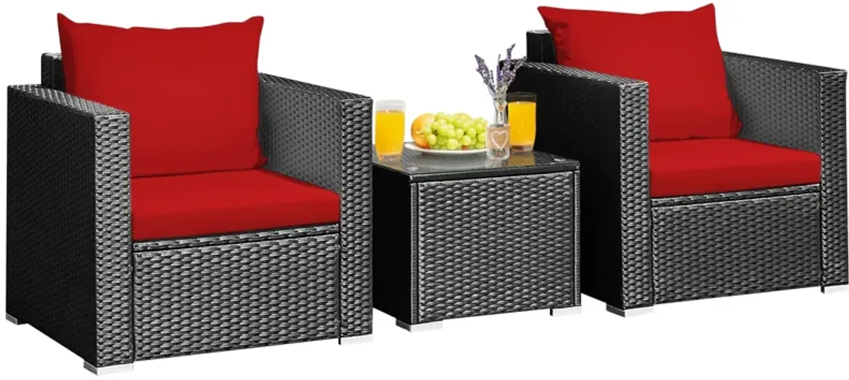 3 Pieces Patio Wicker Conversation Set with Cushion-Red