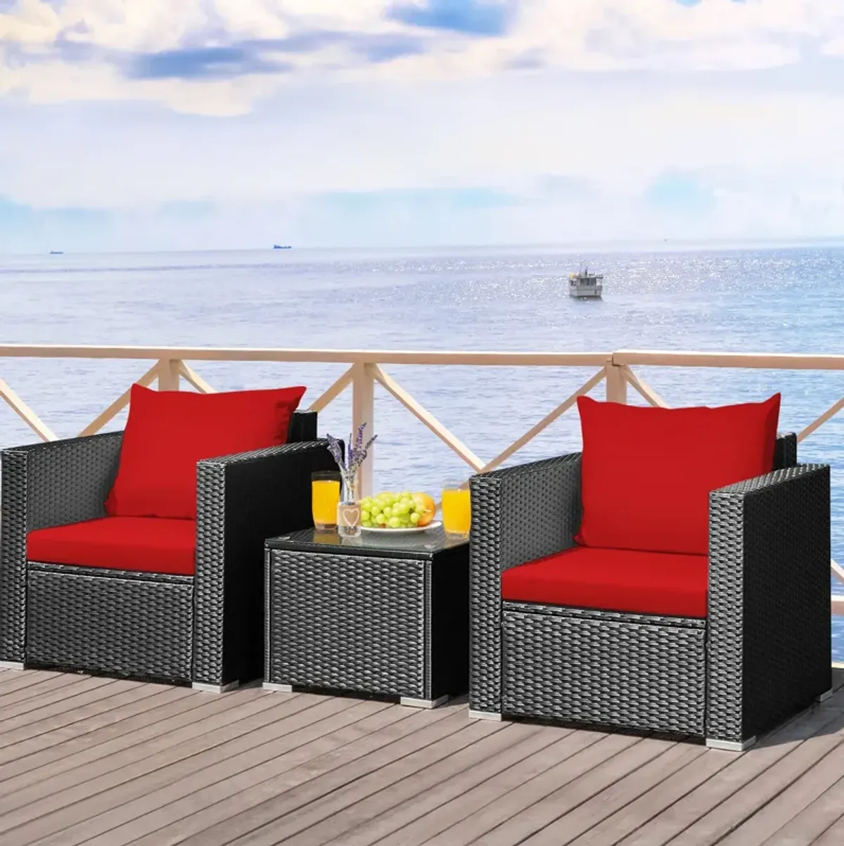 3 Pieces Patio Wicker Conversation Set with Cushion-Red