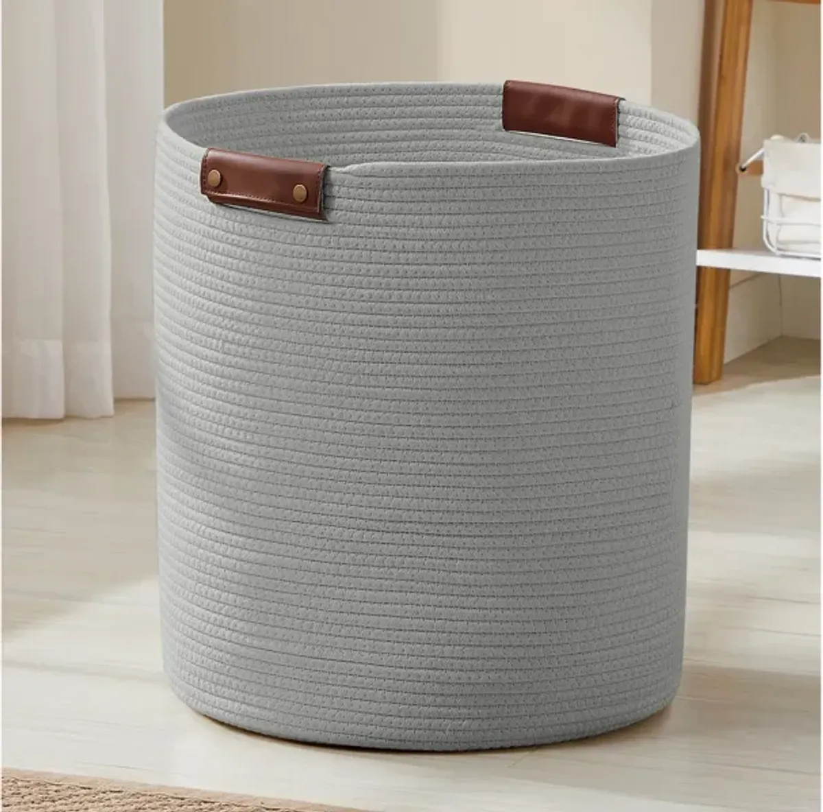 Large Cotton Rope Laundry Hamper Woven Basket with Leather Handles