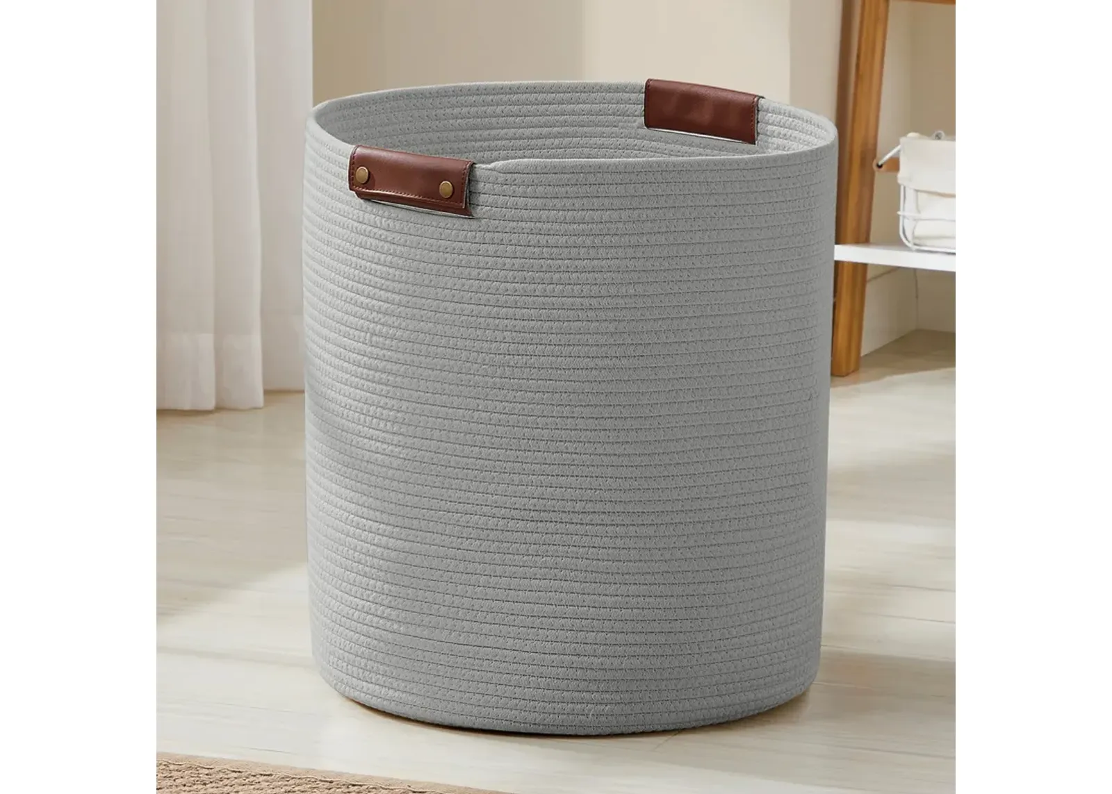 Large Cotton Rope Laundry Hamper Woven Basket with Leather Handles