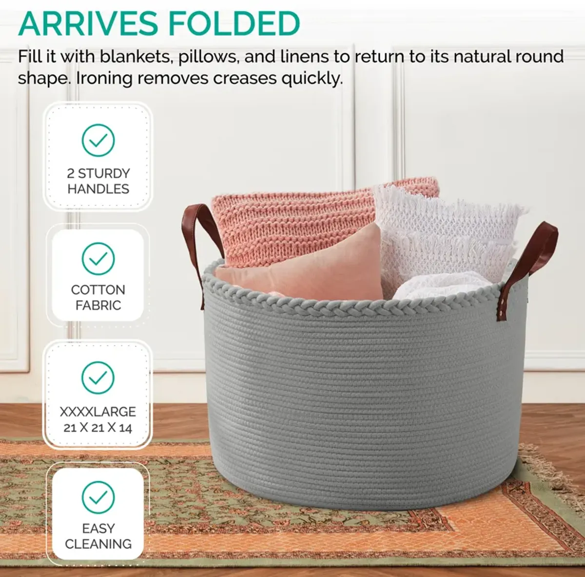 Extra Large Round Cotton Rope Storage Basket Laundry Hamper with Leather Handles