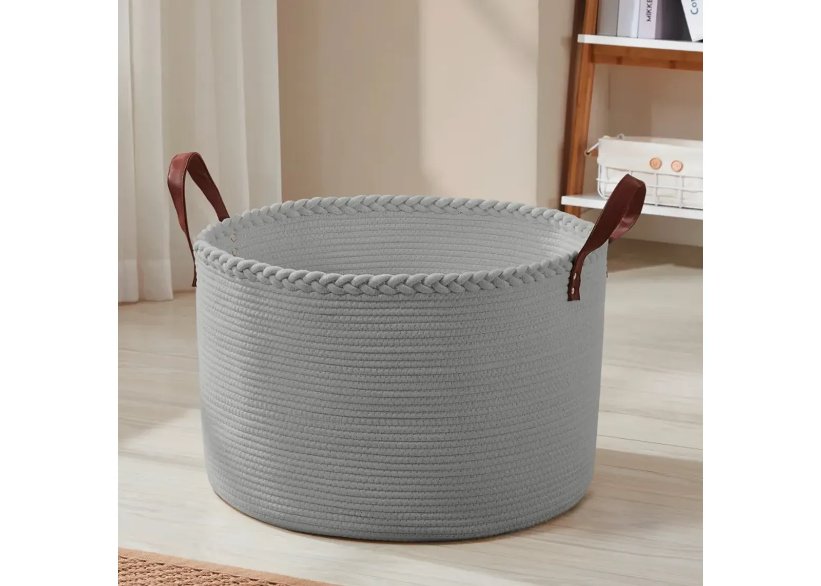 Extra Large Round Cotton Rope Storage Basket Laundry Hamper with Leather Handles