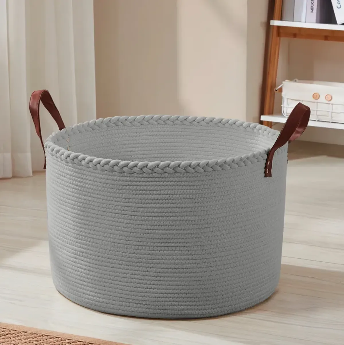 Extra Large Round Cotton Rope Storage Basket Laundry Hamper with Leather Handles