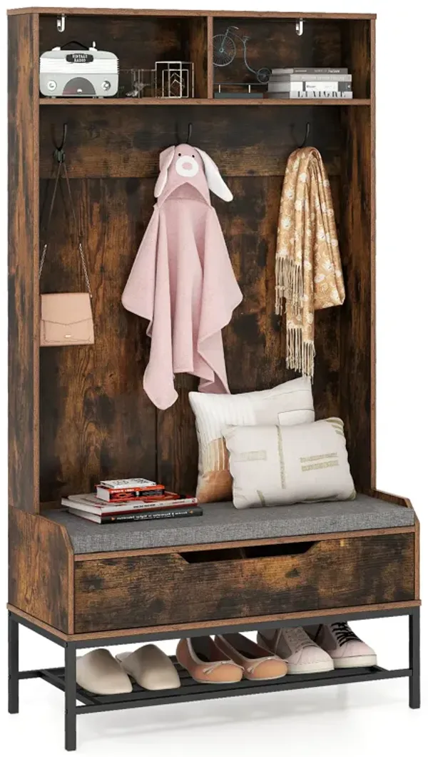 Modern Tall Hall Tree 4-in-1 with Cushioned Seat and Shoe Storage