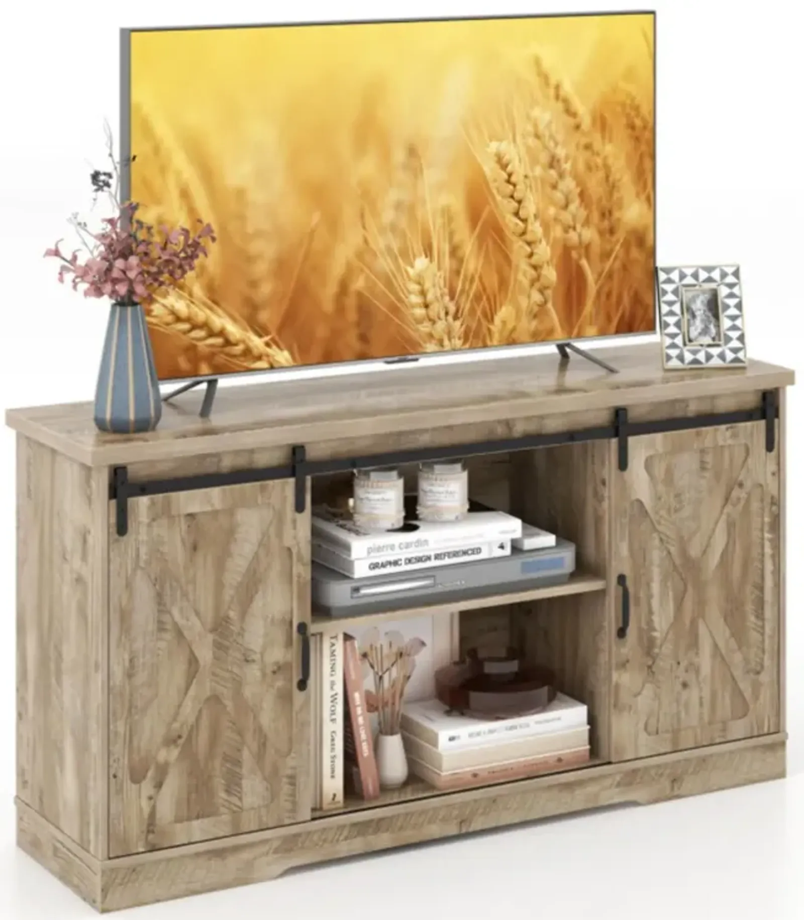 Hivvago Farmhouse Entertainment Center with Adjustable Shelves and Storage Cabinet-Gray