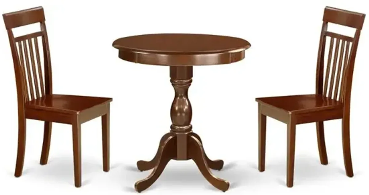 East West Furniture - ESCA3-MAH-W - 3-Pc Modern Dining Table Set - 2 Kitchen Chairs and 1 Dining Room Table (Mahogany Finish)