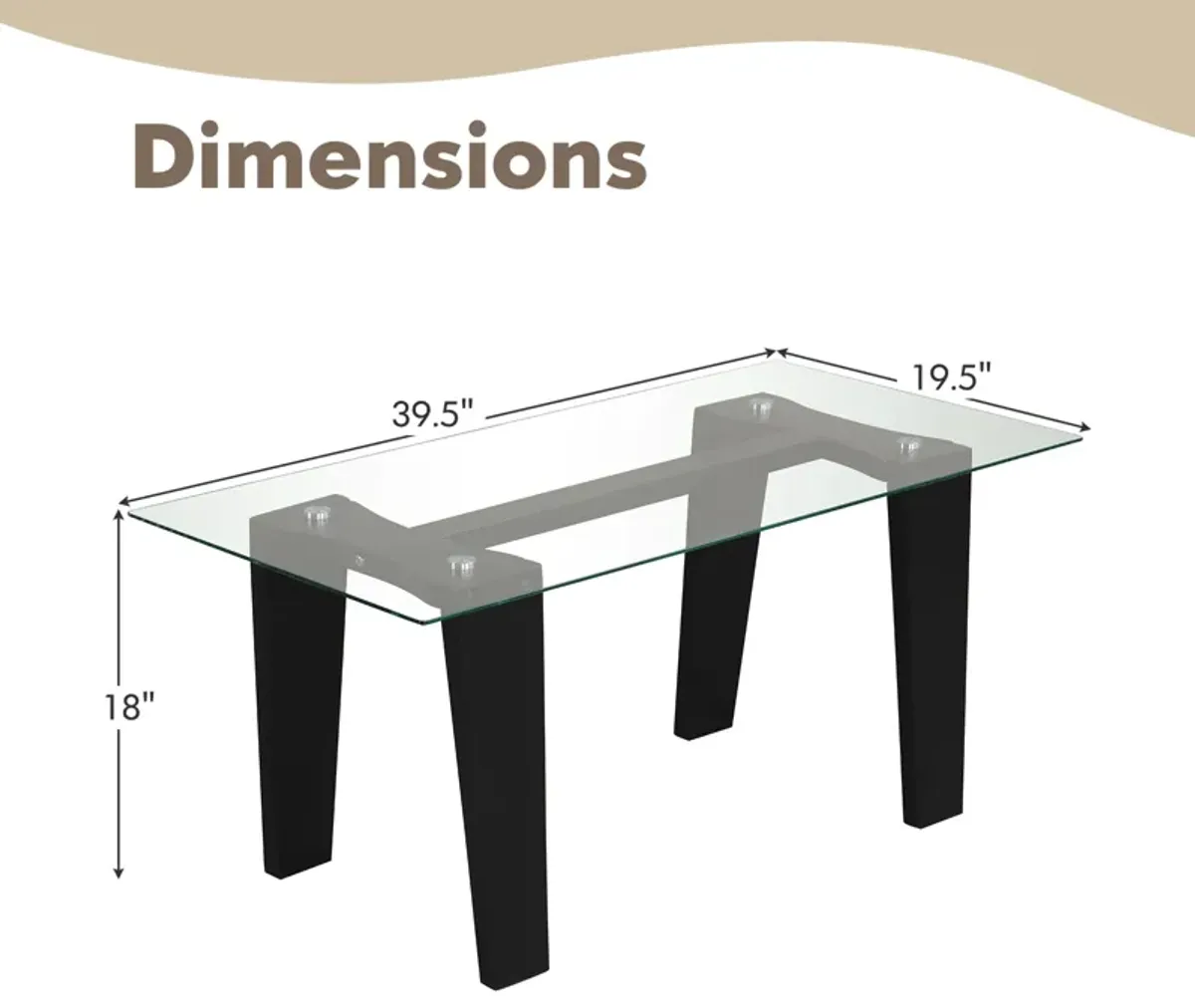 39.5 Inch Glass Coffee Table Modern Rectangular Center Table with Solid Rubber Wood Legs