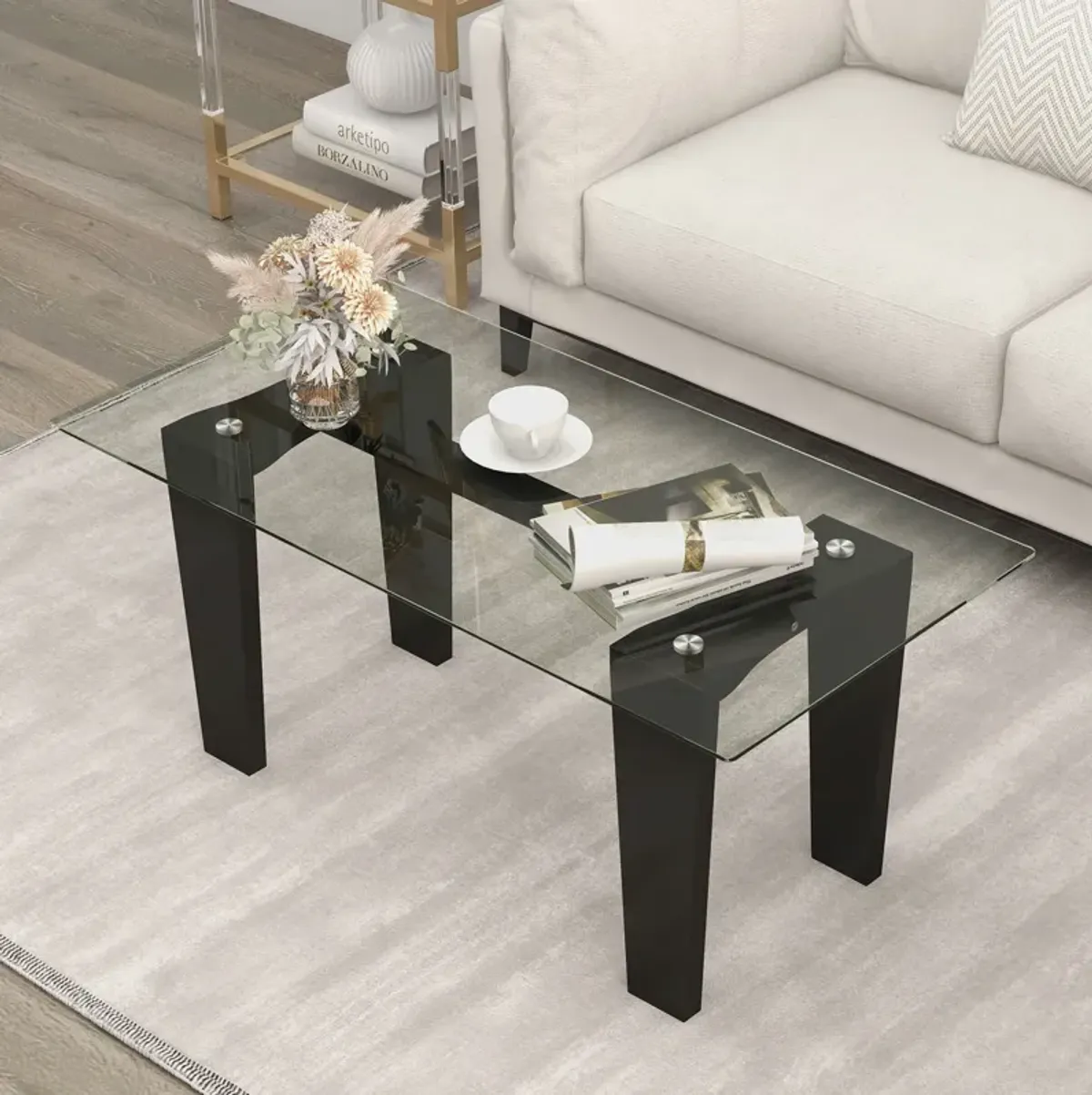 39.5 Inch Glass Coffee Table Modern Rectangular Center Table with Solid Rubber Wood Legs