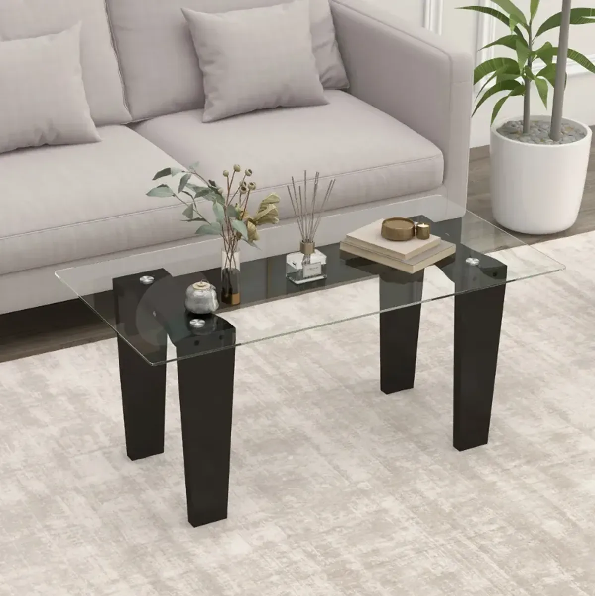 39.5 Inch Glass Coffee Table Modern Rectangular Center Table with Solid Rubber Wood Legs