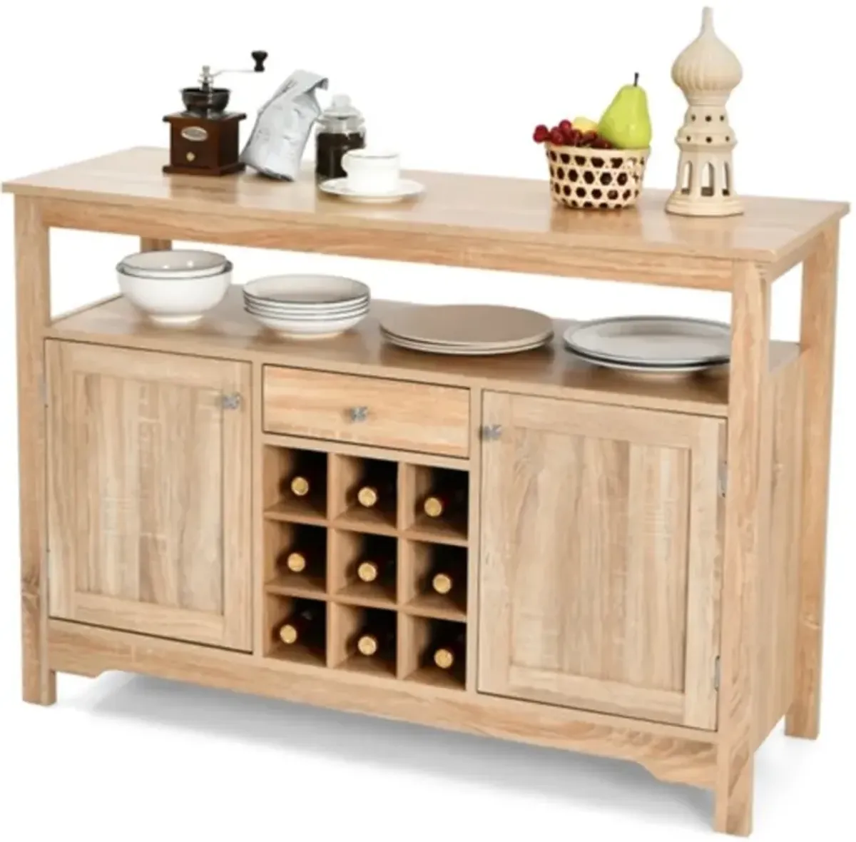 Wooden Buffet Server Cabinet with Wine Rack and Storage Shelves