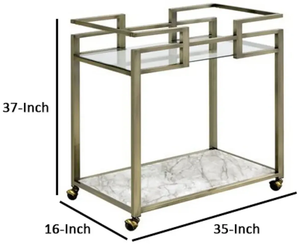 2 Tier Serving Cart with Faux Marble and Metal Frame, Silver-Benzara