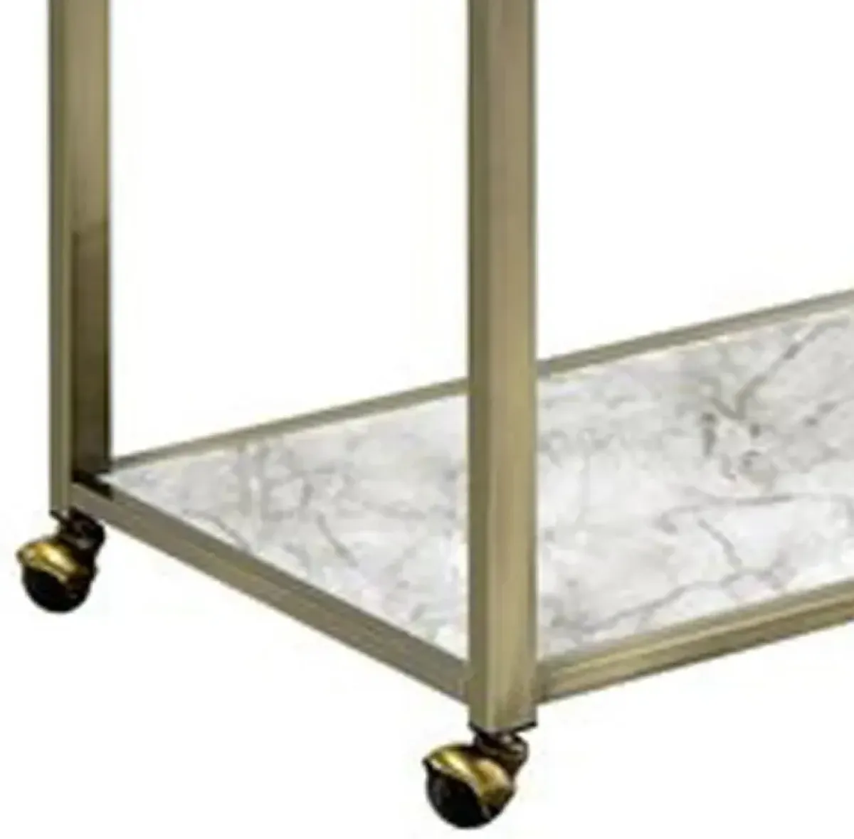 2 Tier Serving Cart with Faux Marble and Metal Frame, Silver-Benzara