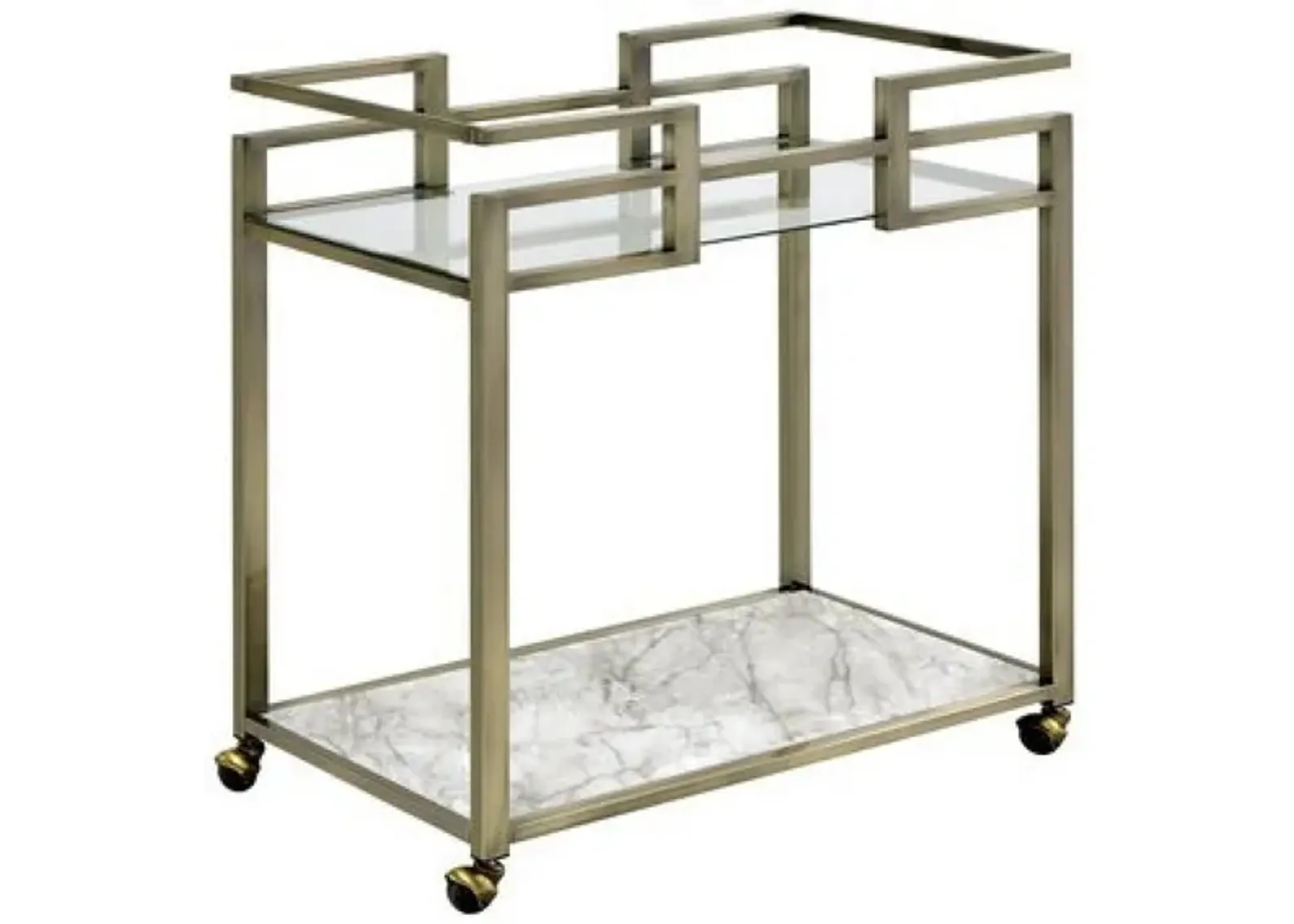 2 Tier Serving Cart with Faux Marble and Metal Frame, Silver-Benzara