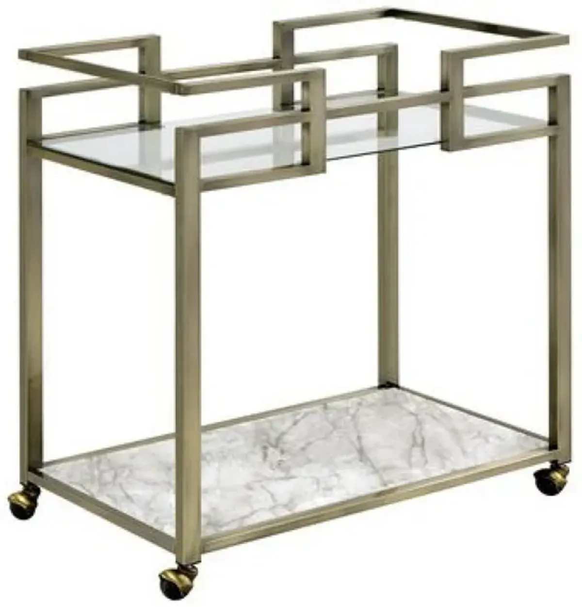 2 Tier Serving Cart with Faux Marble and Metal Frame, Silver-Benzara