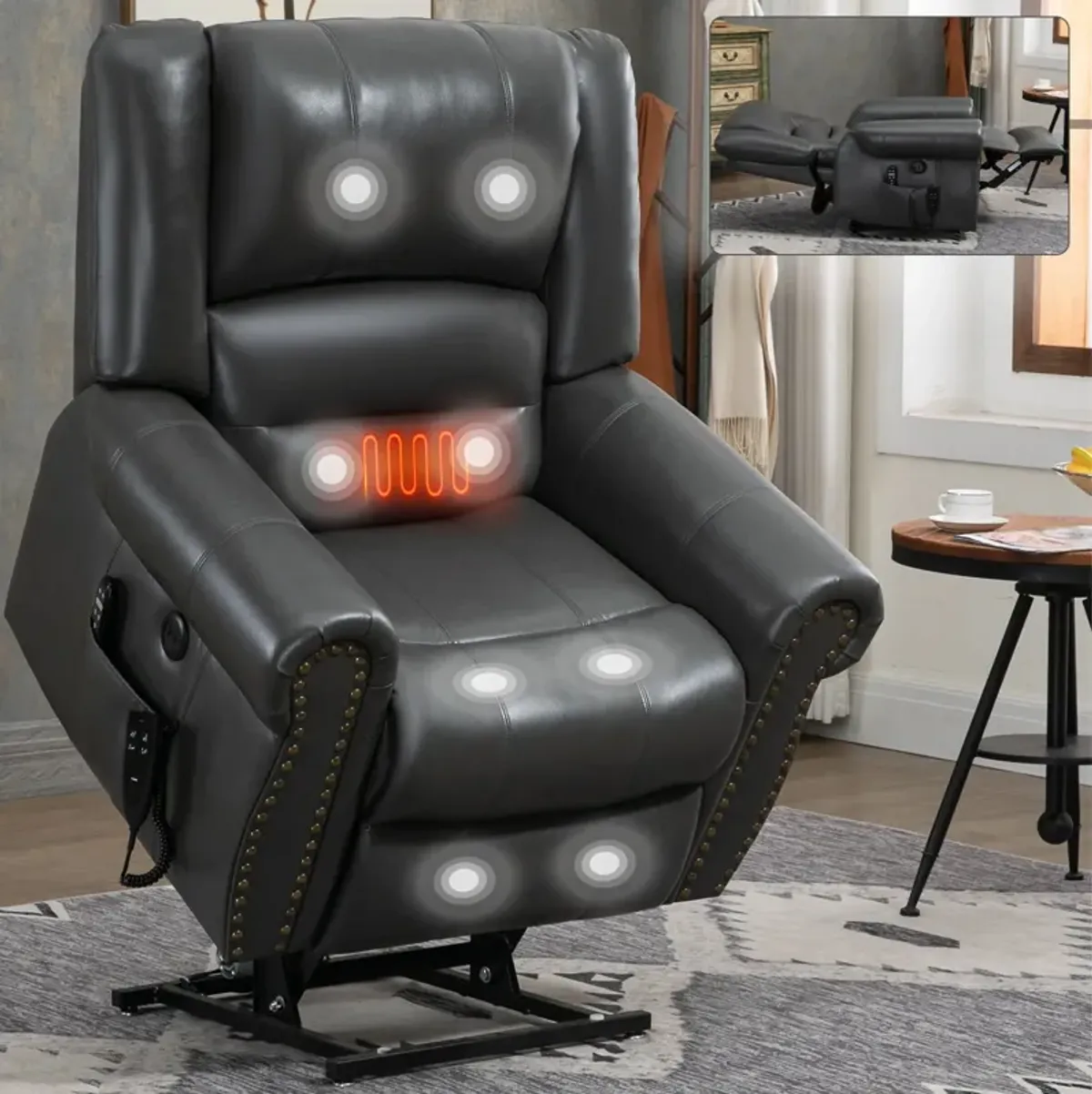 Mondawe Power Lift Recliner Chair Heat Massage Dual Motor Infinite Position Up to 350 LBS, Genuine Leather, Heavy Duty Motion Mechanism with USB Ports