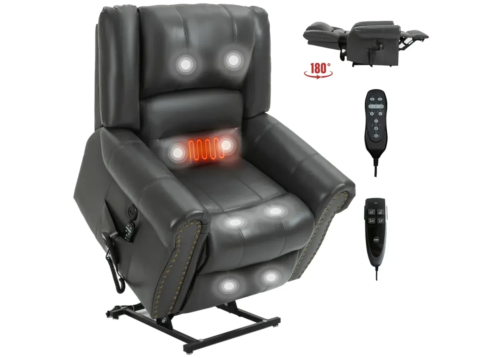 Mondawe Power Lift Recliner Chair Heat Massage Dual Motor Infinite Position Up to 350 LBS, Genuine Leather, Heavy Duty Motion Mechanism with USB Ports