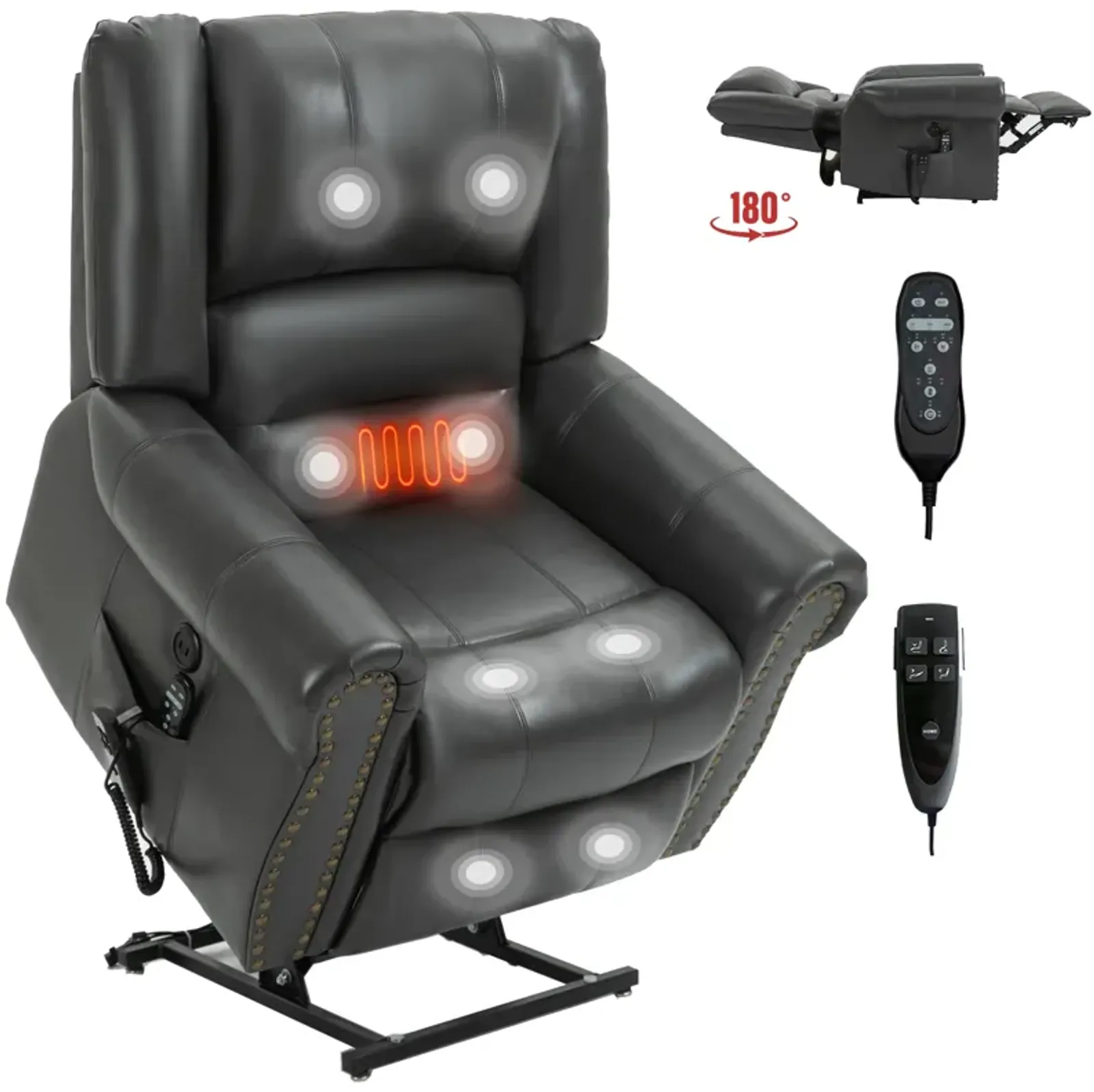 Mondawe Power Lift Recliner Chair Heat Massage Dual Motor Infinite Position Up to 350 LBS, Genuine Leather, Heavy Duty Motion Mechanism with USB Ports