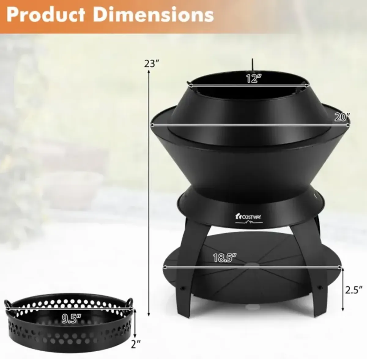 Costway 20 Inch Patio Fire Pit Metal Camping Fire Bowl with Pot Holder and Storage Shelf-Black