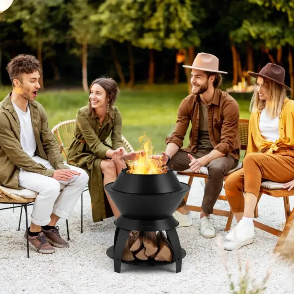 Costway 20 Inch Patio Fire Pit Metal Camping Fire Bowl with Pot Holder and Storage Shelf-Black