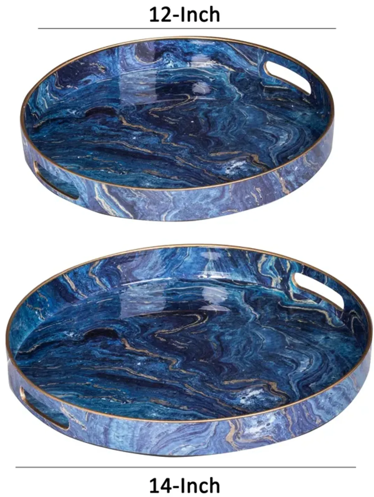 Set of 2 Round Accent Trays, Tabletop Decor, Marbling, Blue, Gold Marbling - Benzara