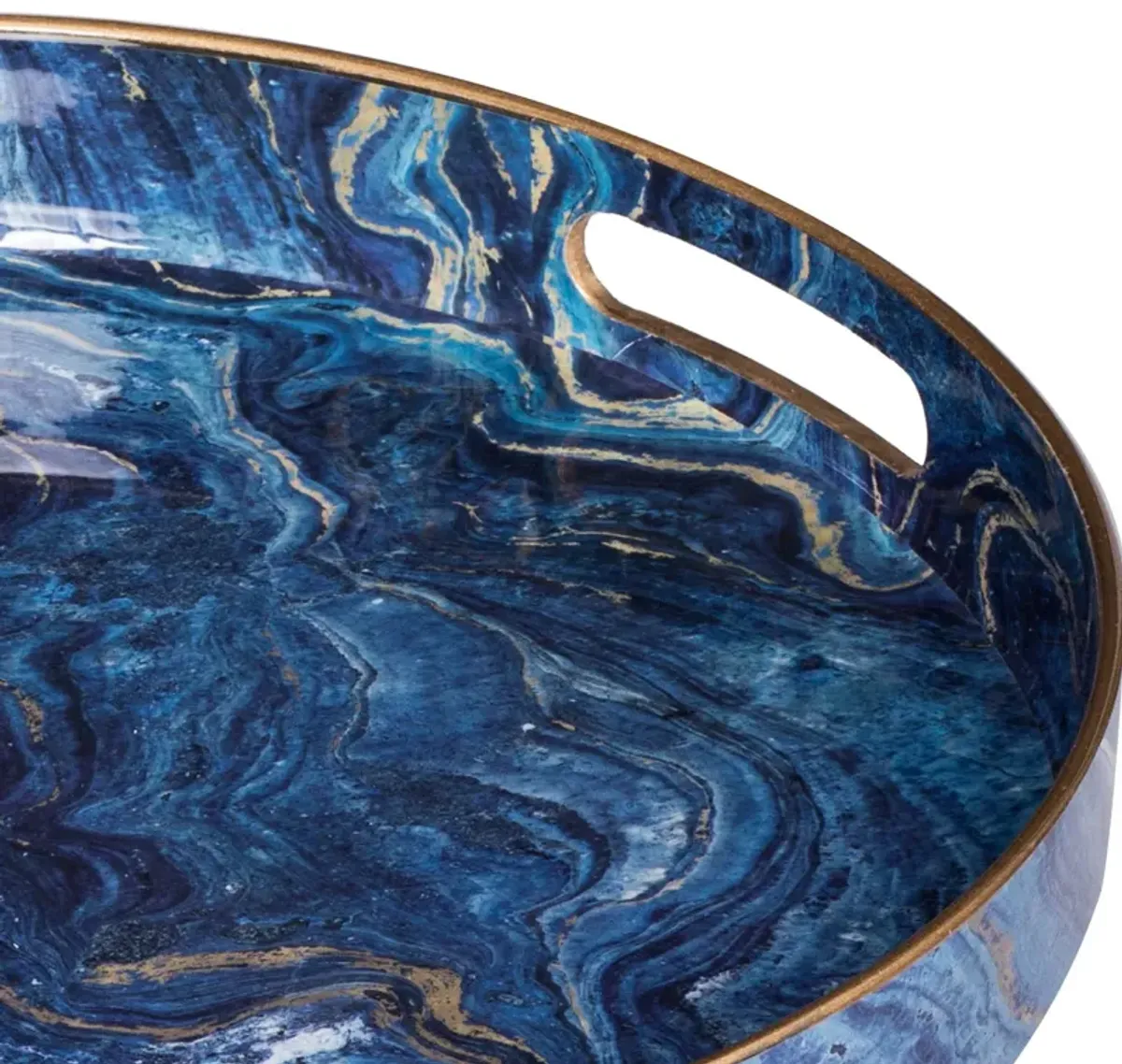 Set of 2 Round Accent Trays, Tabletop Decor, Marbling, Blue, Gold Marbling - Benzara