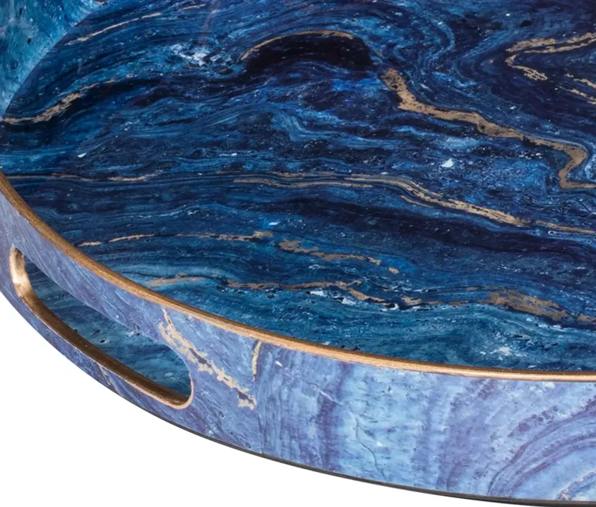 Set of 2 Round Accent Trays, Tabletop Decor, Marbling, Blue, Gold Marbling - Benzara