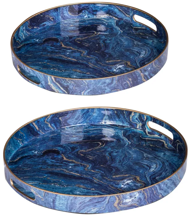 Set of 2 Round Accent Trays, Tabletop Decor, Marbling, Blue, Gold Marbling - Benzara