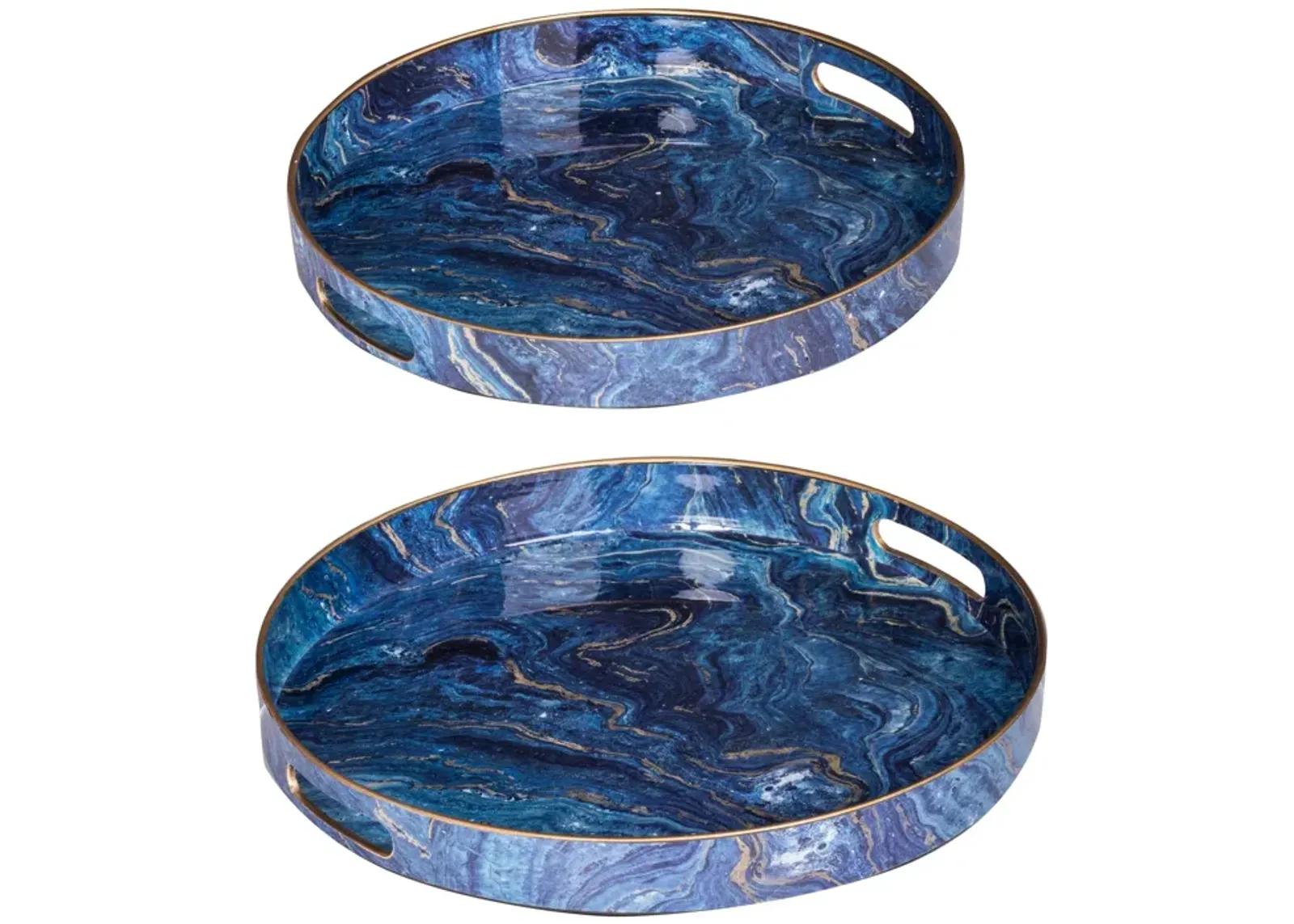 Set of 2 Round Accent Trays, Tabletop Decor, Marbling, Blue, Gold Marbling - Benzara