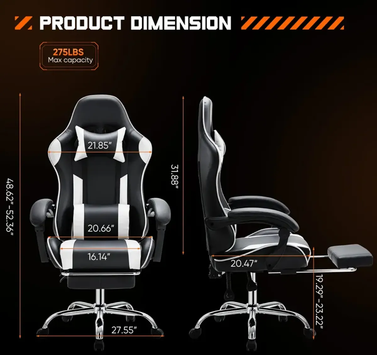 Video Game Desk Chair - Ergonomic Computer with Footrest and Comfy Lumbar Support, PU Leather Recliner with Headrest, Fixed Up Armrest, Height Adjustable with 360° Swivel, for Adults