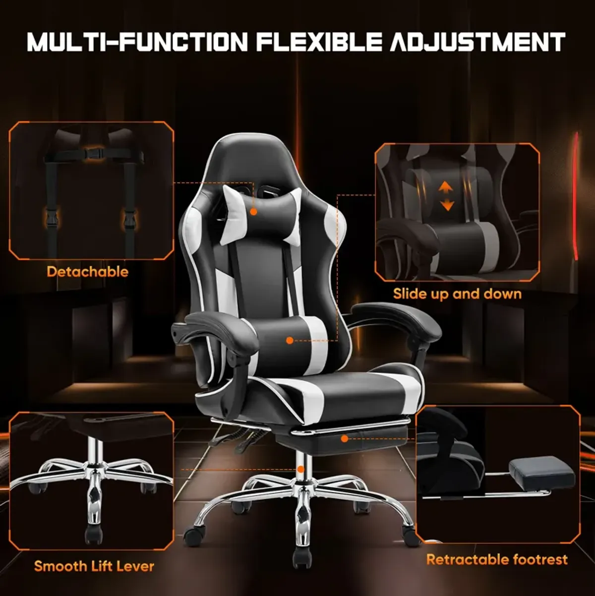 Video Game Desk Chair - Ergonomic Computer with Footrest and Comfy Lumbar Support, PU Leather Recliner with Headrest, Fixed Up Armrest, Height Adjustable with 360° Swivel, for Adults