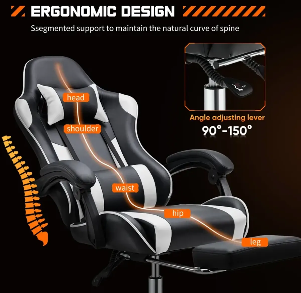 Video Game Desk Chair - Ergonomic Computer with Footrest and Comfy Lumbar Support, PU Leather Recliner with Headrest, Fixed Up Armrest, Height Adjustable with 360° Swivel, for Adults