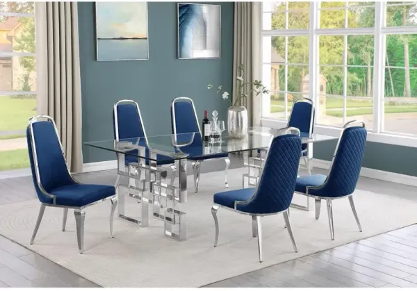 7-piece glam dining set with 6 Navy blue chairs and one 95" glass dining table