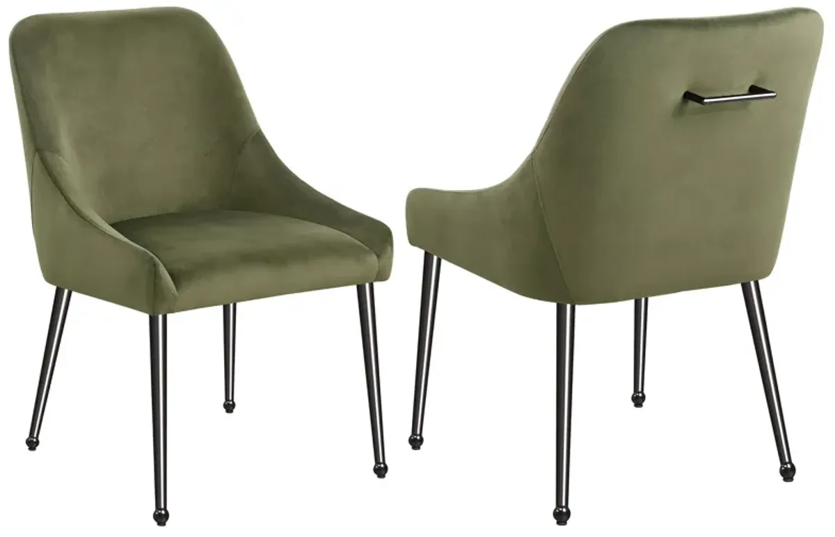 Maya Dining Side Chair Set of 2, Slope Arms, Black Metal, Green Velvet - Benzara