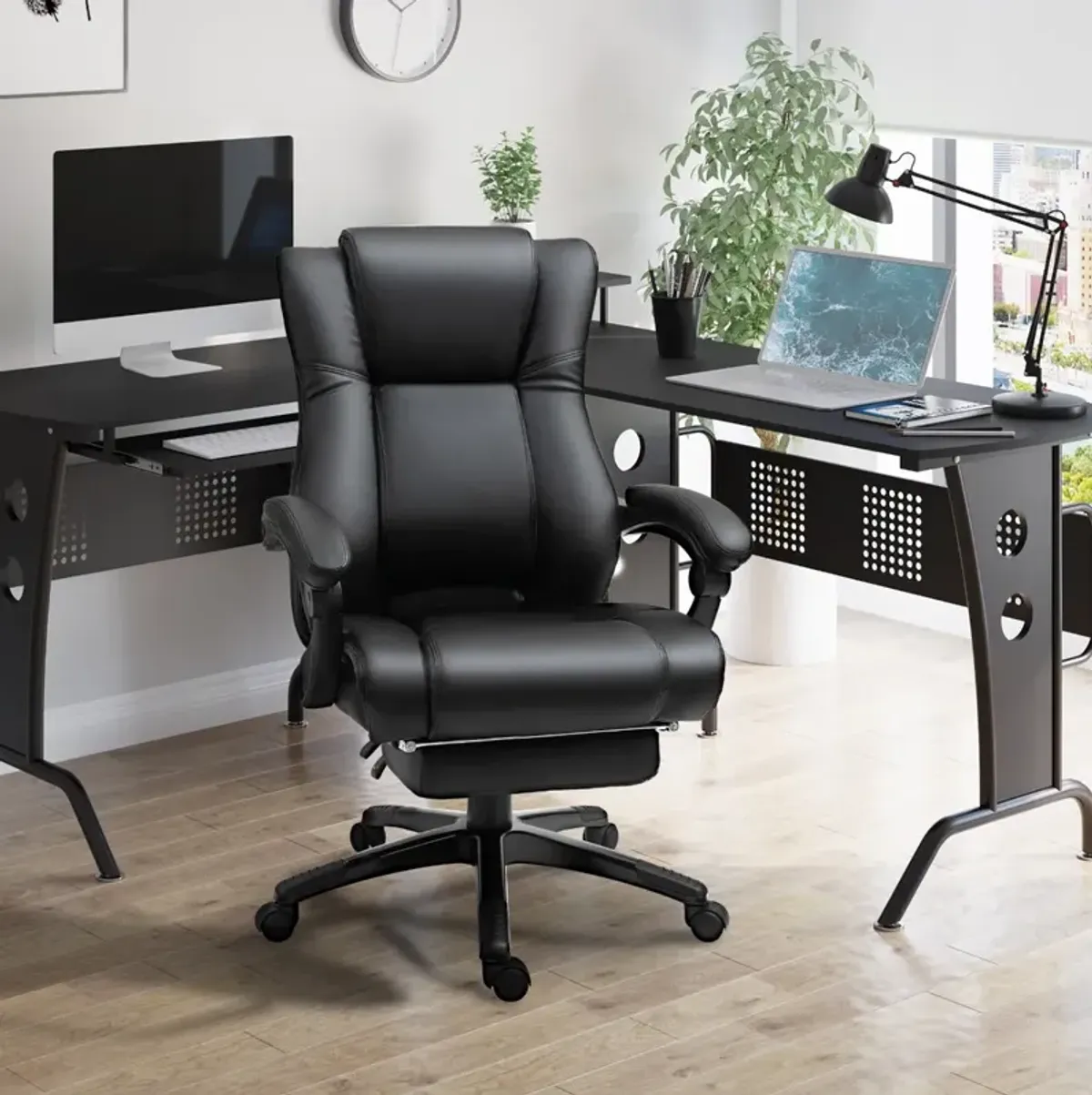 Black Executive Comfort: High Back Office Chair with Footrest